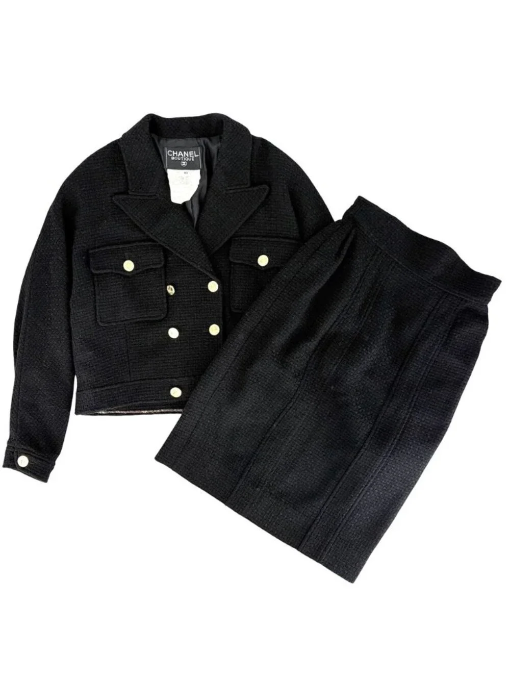 Chanel Set Mademoiselle Button Jacket Skirt Vintage Black Gold Wool Fall 40
